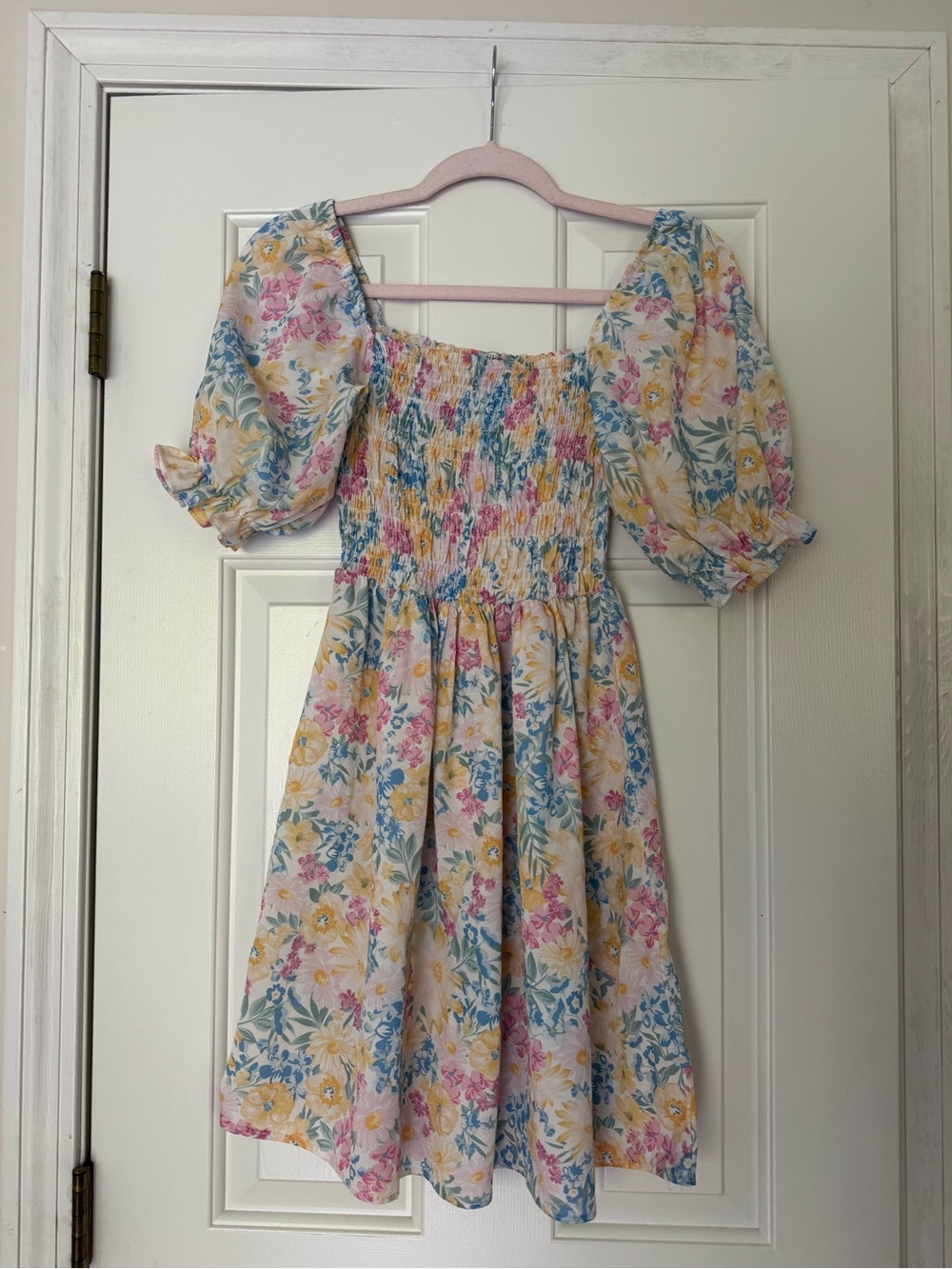 Local European Floral Puff-Sleeve Smocked Dress - Pink, Yellow & Blue